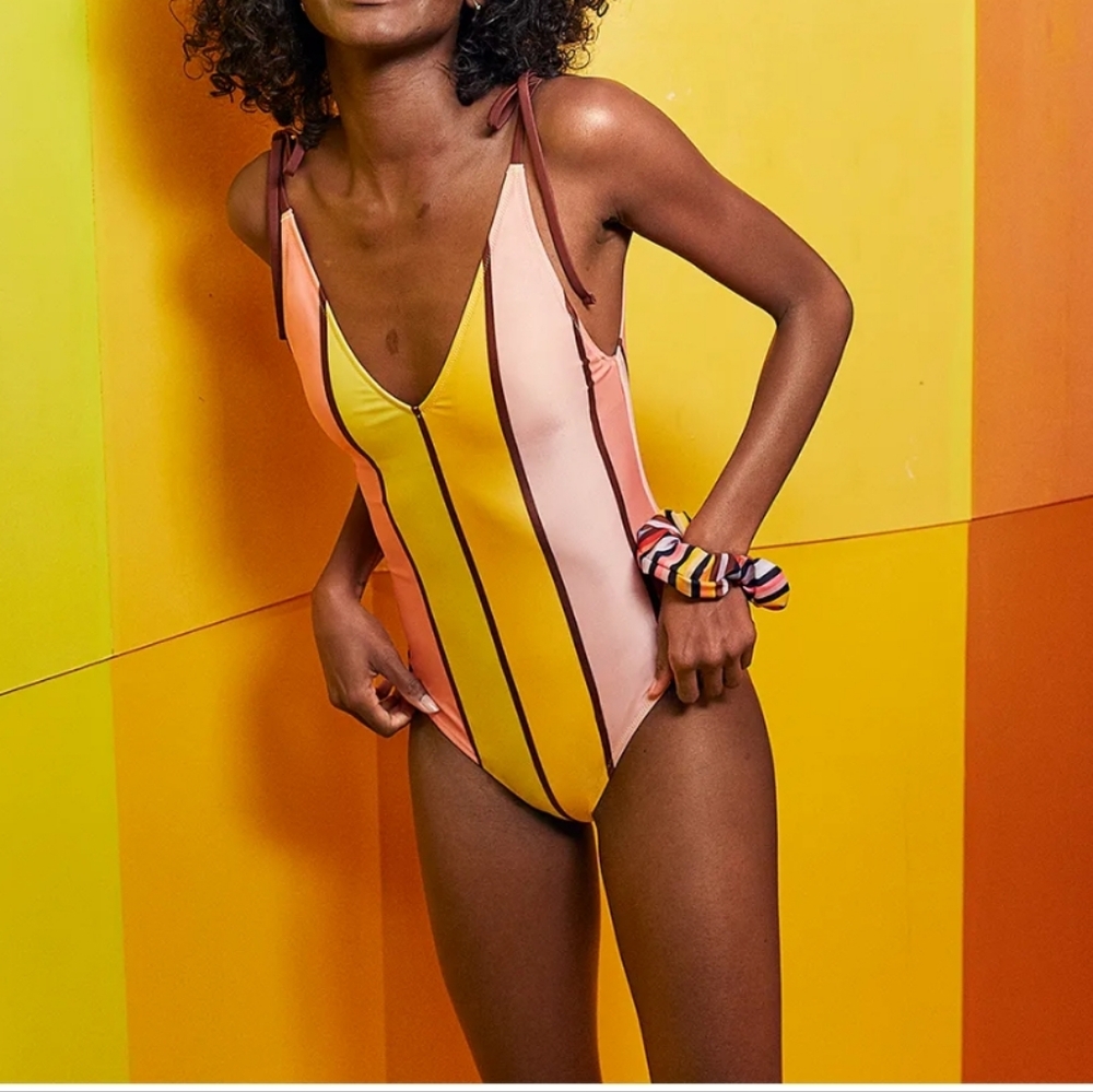Aerie Yellow and Pink Stripe One Piece Swimsuit
